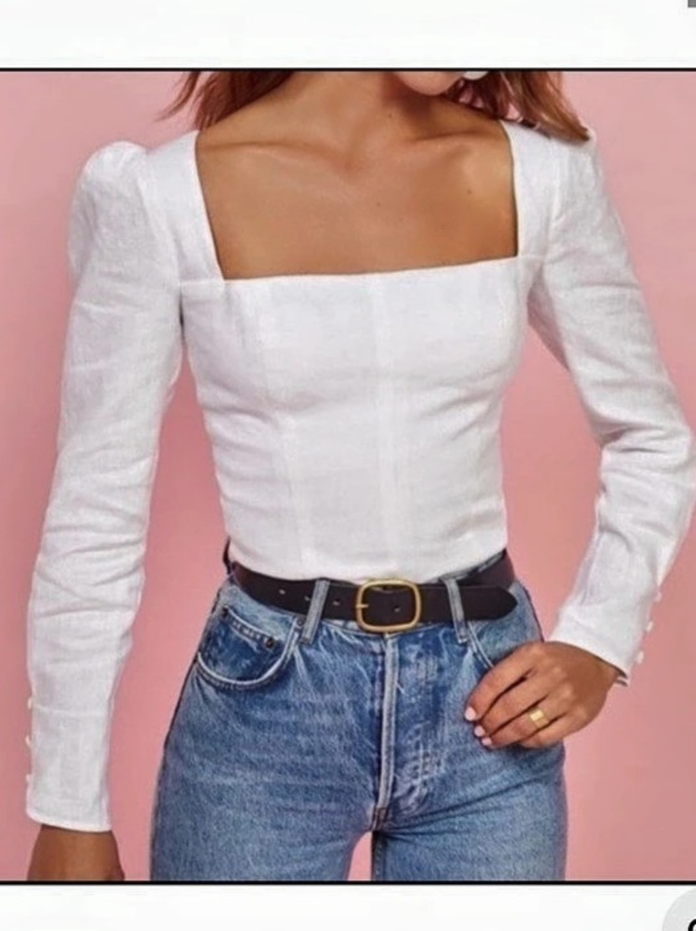 Reformation 100% Linen Fillmore Blouse White Linen Square Neck Blouse Size 4